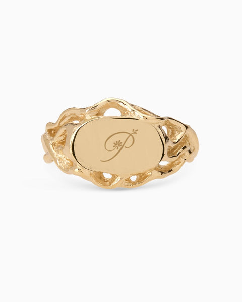 Engraved Ivy Oval Signet Ring | Yellow Gold